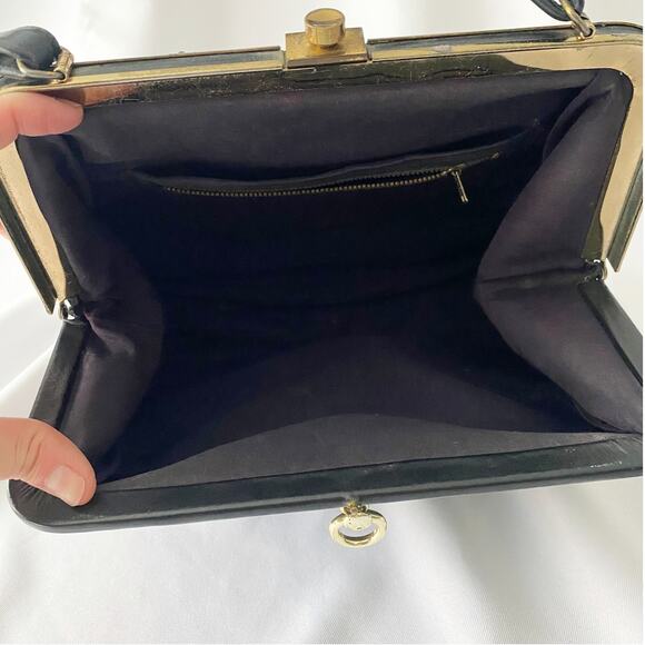 Vintage Black Leather Handbag - Retro Structured Top Handle Purse - Picture 3 of 12